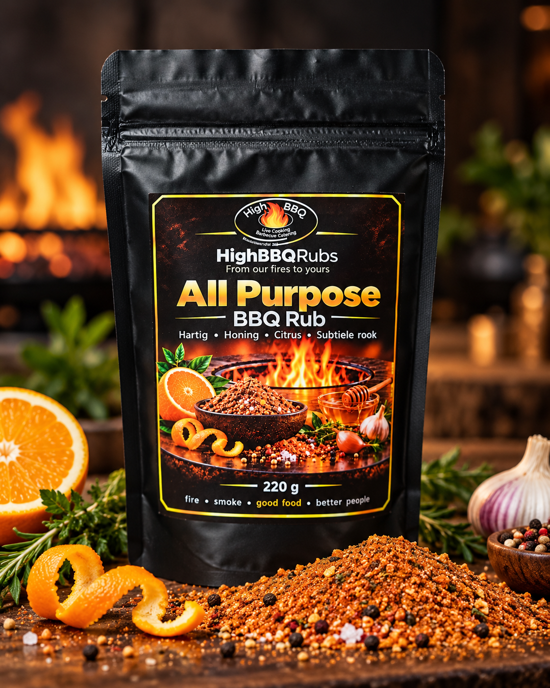 HighBBQRubs All Purpose BBQ-rub, zwarte zak van 220 gram met honing en sinaasappel ernaast